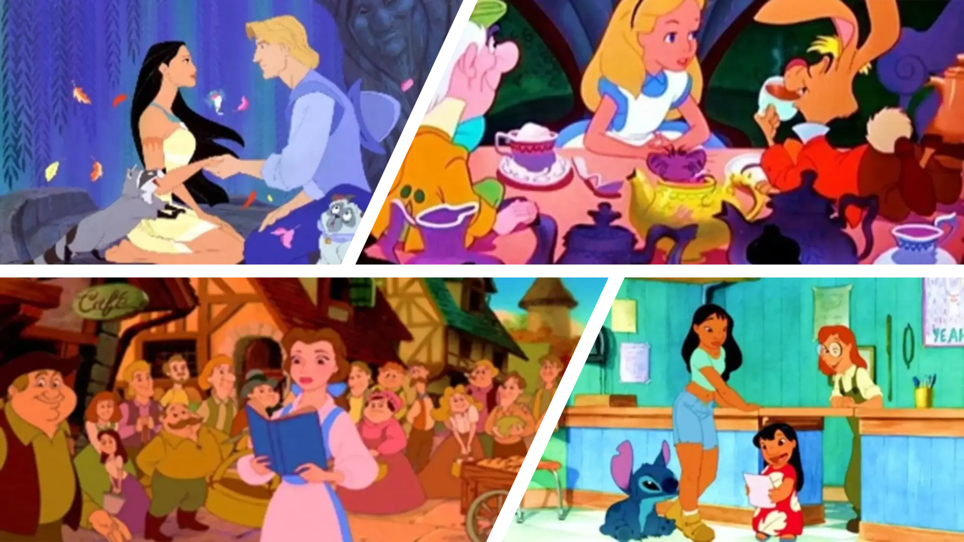 Collage de películas Disney: Pocahontas, Alicia en el país de las maravillas, La Bella y la Bestia y Lilo & Stitch para la guía de largometrajes animados