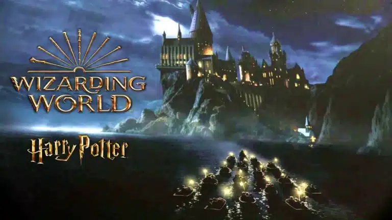 mundo mágico de Harry Potter con elementos icónicos como varitas, hechizos y el castillo de Hogwarts