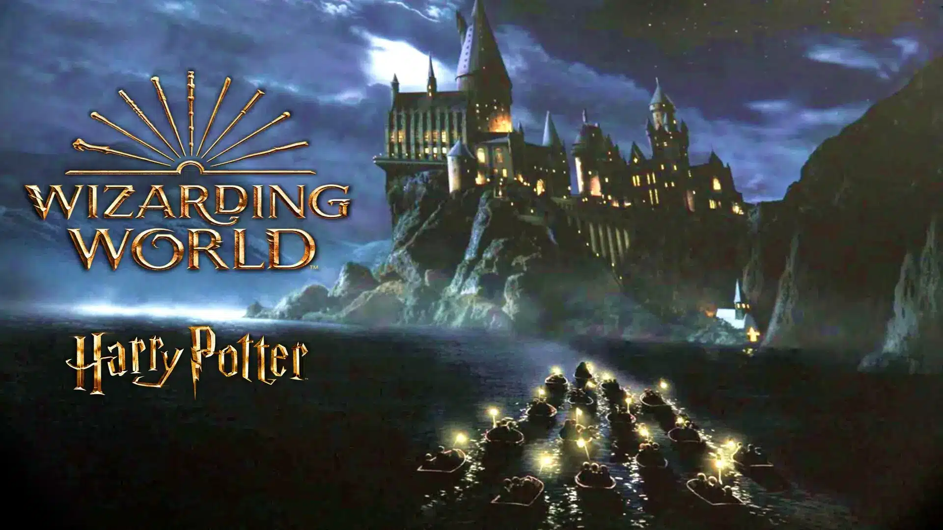 mundo mágico de Harry Potter con elementos icónicos como varitas, hechizos y el castillo de Hogwarts