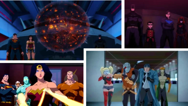 Collage fan de la portada del Universo de Películas Animadas de DC (UPADC), con héroes y villanos icónicos en composición dinámica