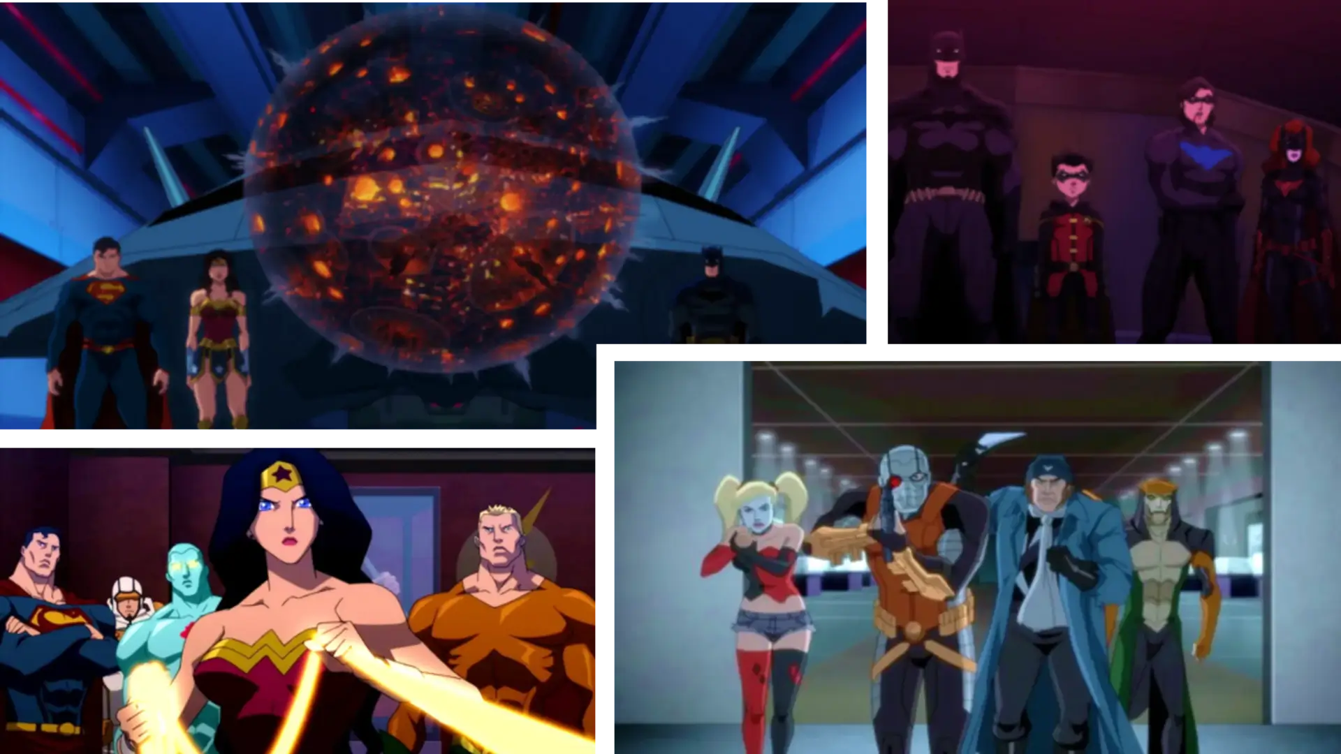Collage fan de la portada del Universo de Películas Animadas de DC (UPADC), con héroes y villanos icónicos en composición dinámica