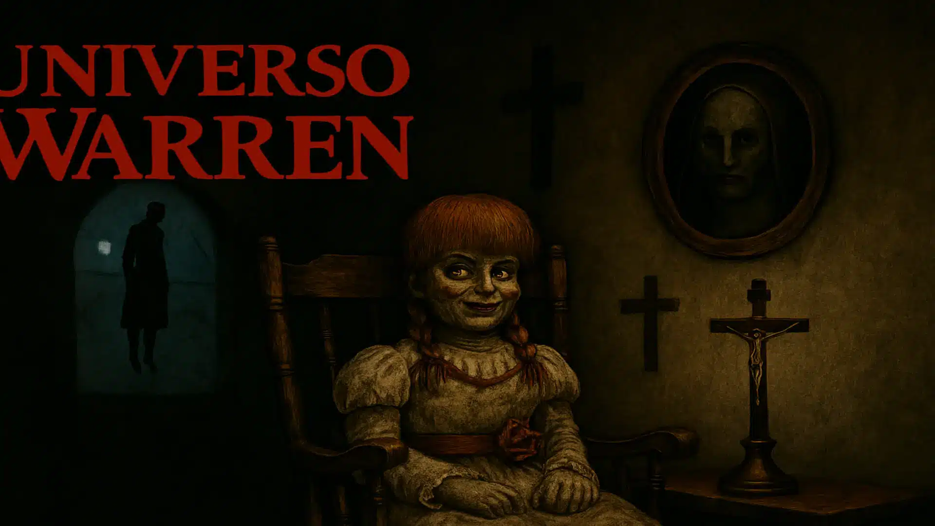 Poster oscuro de la saga del Conjuro mostrando elementos paranormales y el título Archivos Warren