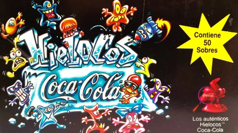 Lo mejor de la colección de los Hielocos Coca-Cola clásicos 1997, figuras coleccionables retro en fondo negro con letras "Hielocos Coca-Cola".